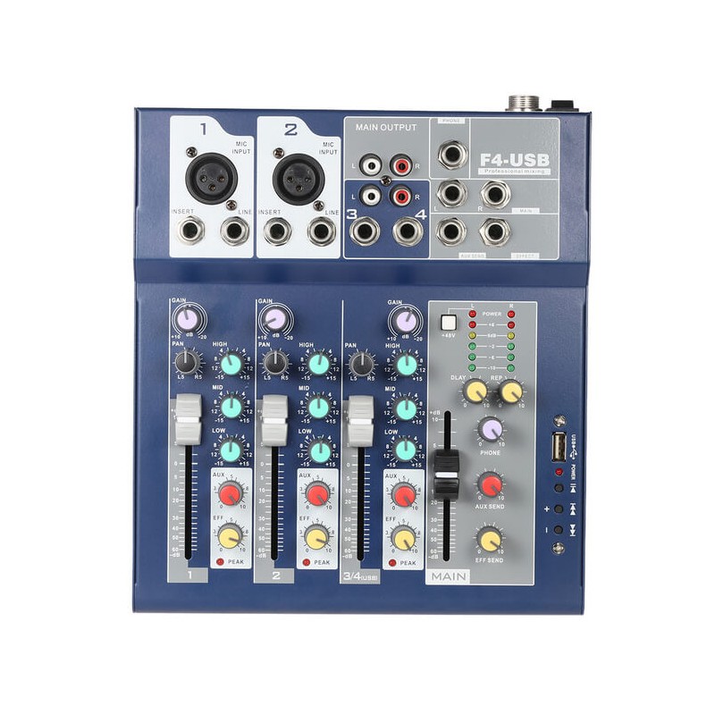 Μίκτης Ήχου για 4 Κανάλια & 3-Band EQ, Θύρα USB, AUX & 2 Είσοδοι για Μικρόφωνο